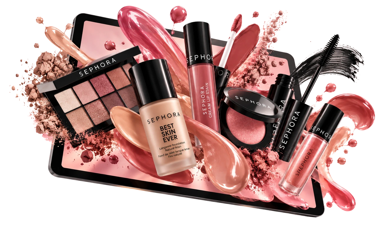 Beauty concept artwork from the Sephora deck showing cosmetics extending beyond a display