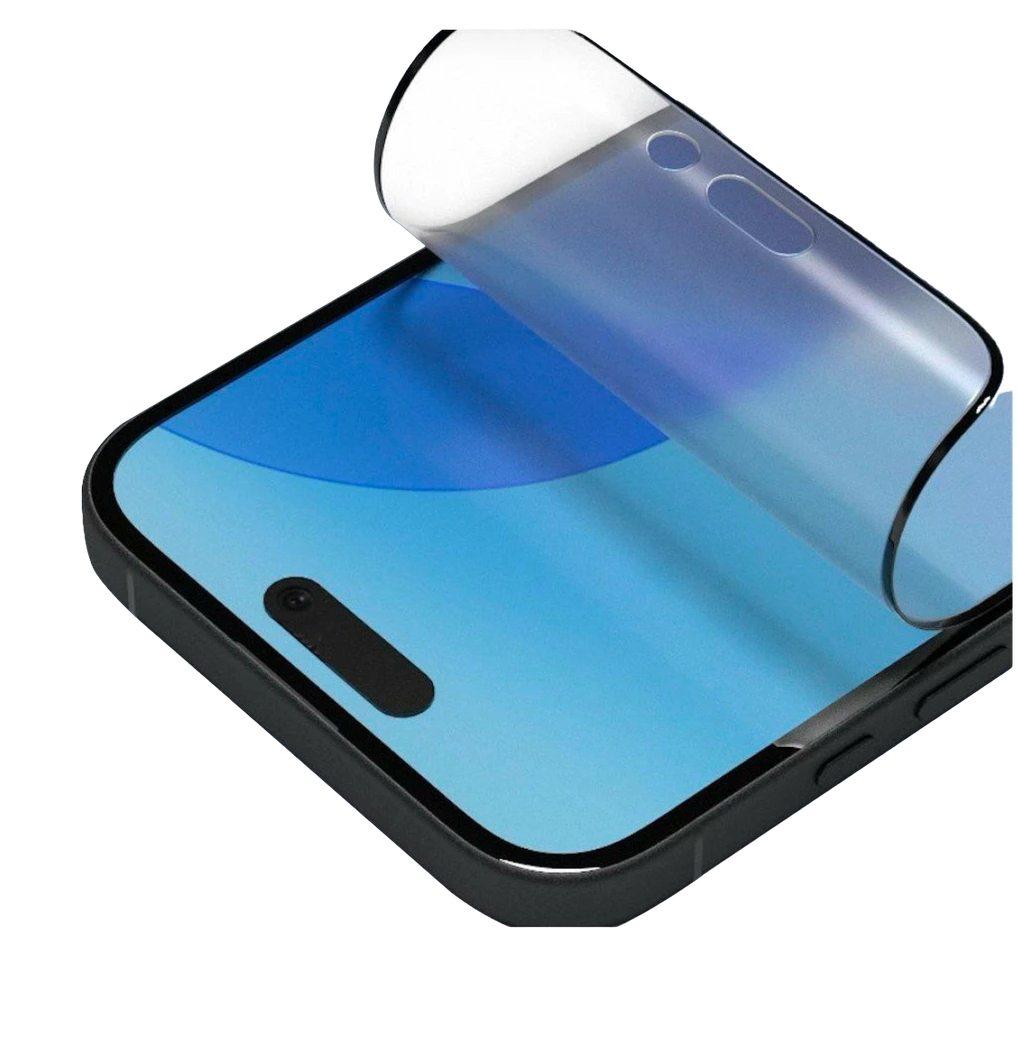 Optiqb product illustration showing the thin optical screen protector lifting above a smartphone screen